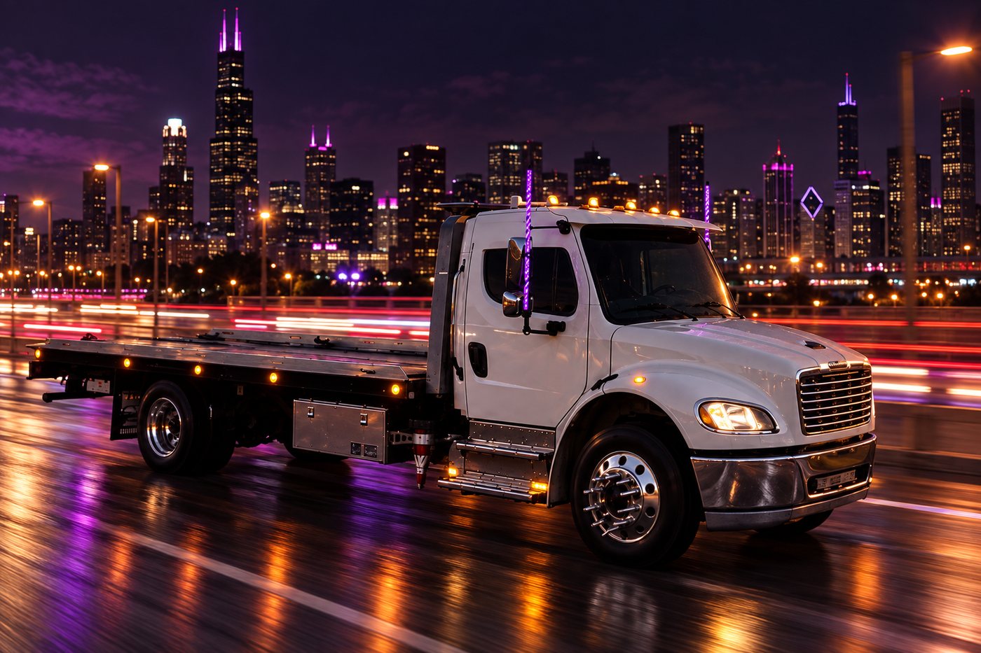 Tow truck on a Chicago expressway at night