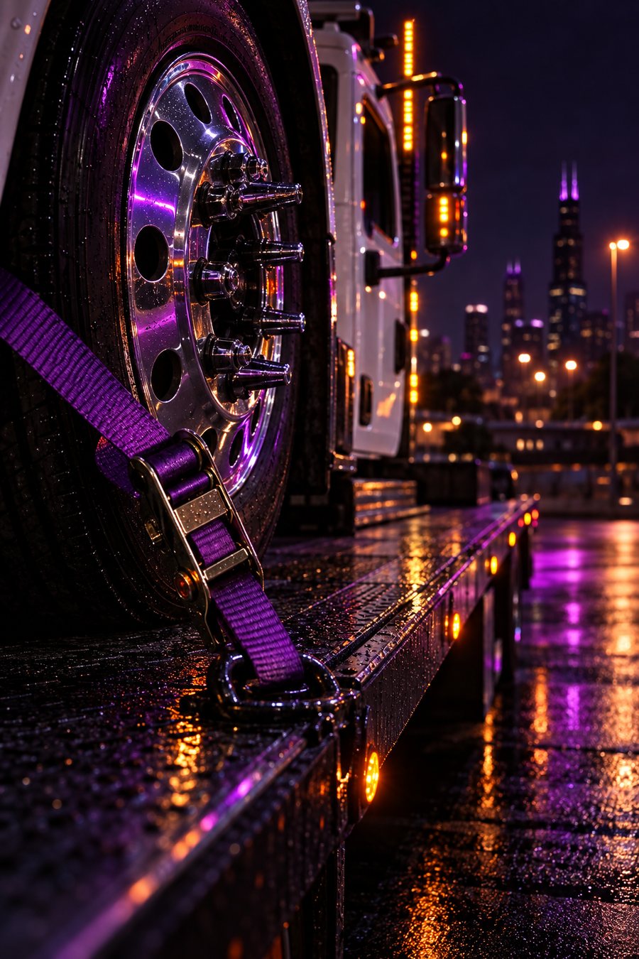 Wheel strapped to the flatbed