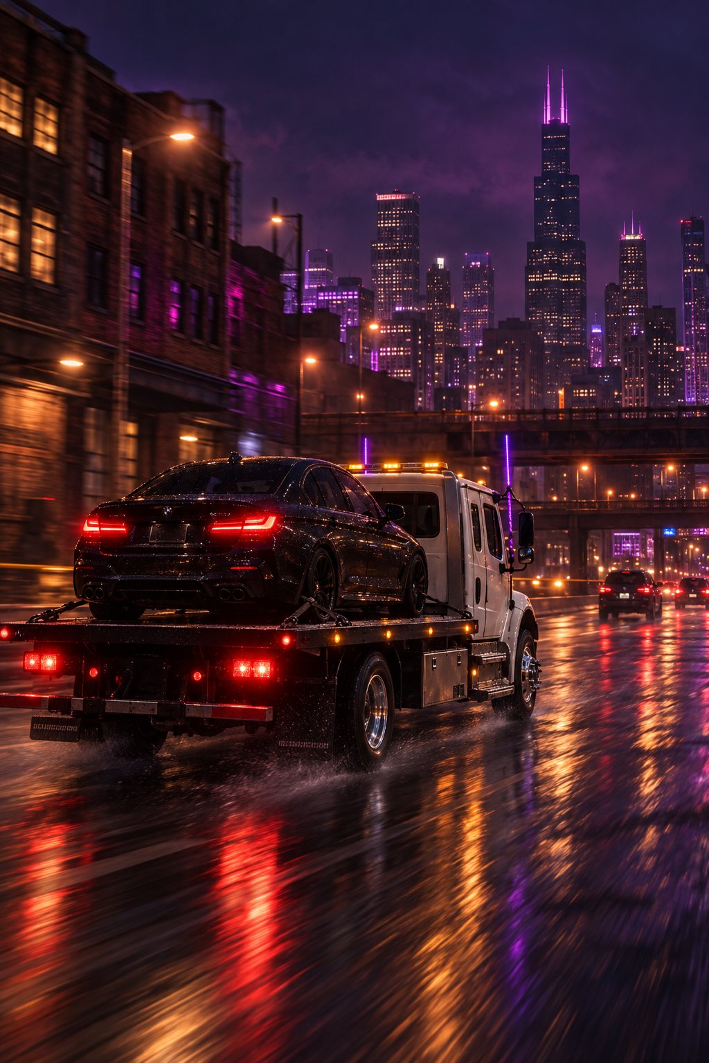 Midnight Hooker rollback hauling a car at night